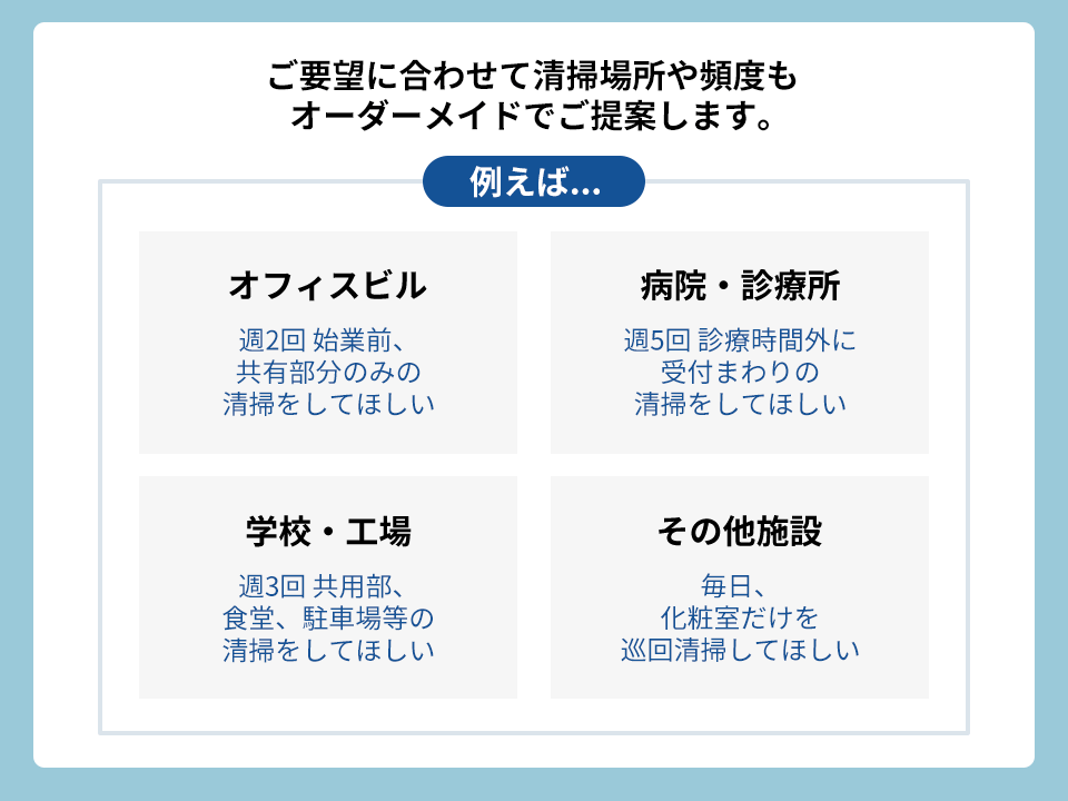 ご要望に合わせて清掃場所や頻度もオーダーメイドでご提案します